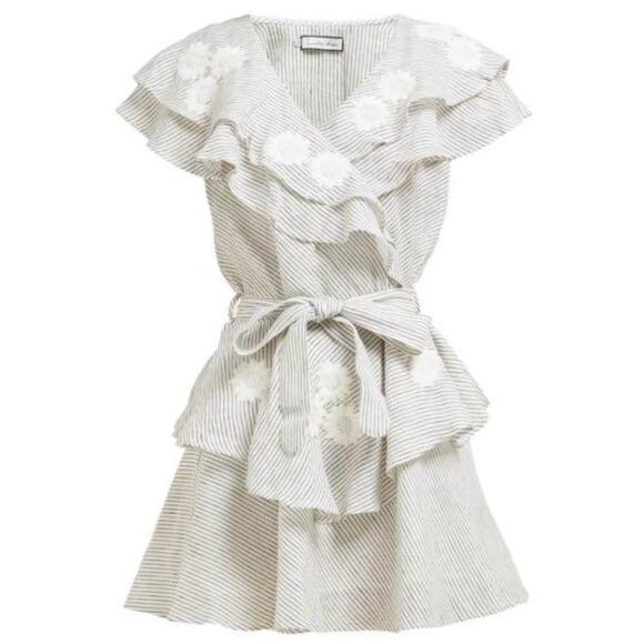 Innika Choo Striped Ruffle Mini Dress OS Linen Floral Embroidery Sailor Wrap - Picture 9 of 16
